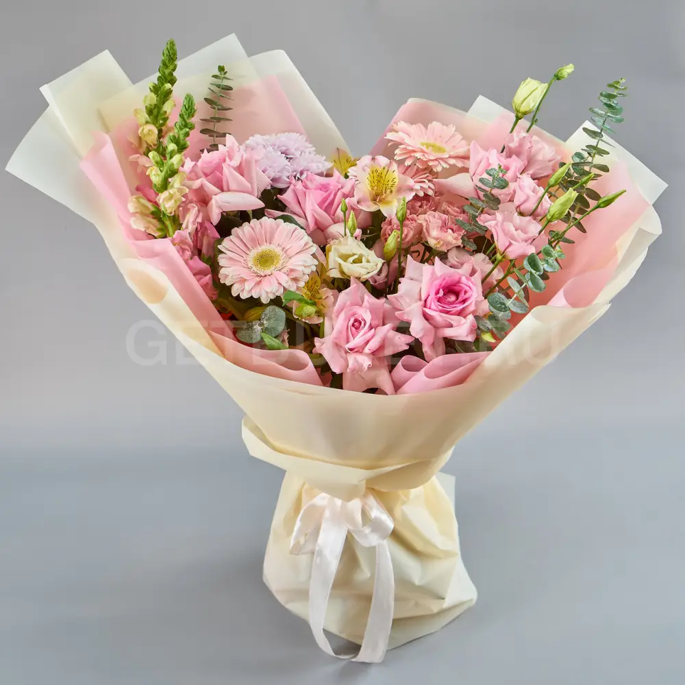 216066 Букет розовых гербер, хризантем и роз с альстромерией 