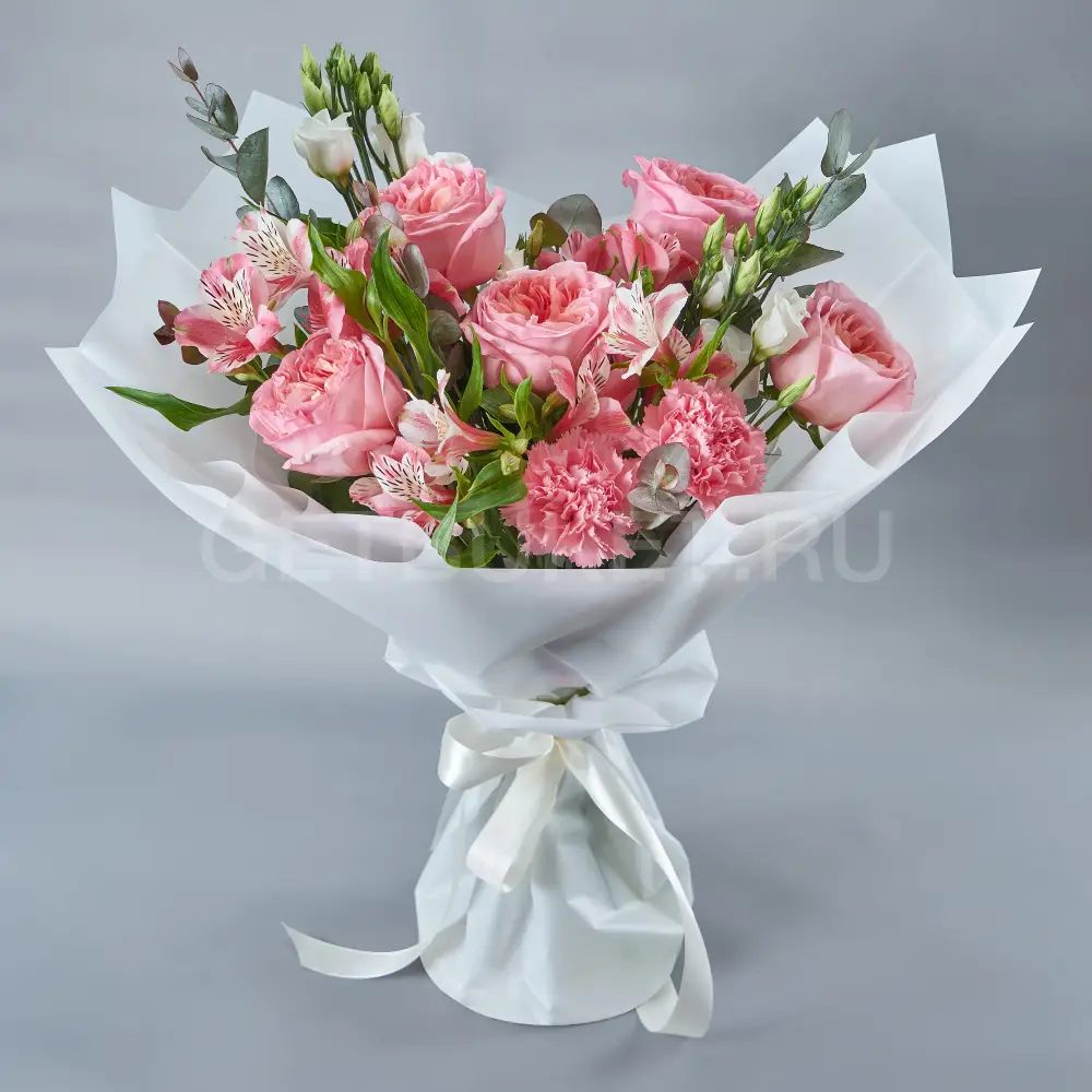 214868 Букет из розовых роз и гвоздик с эустомой